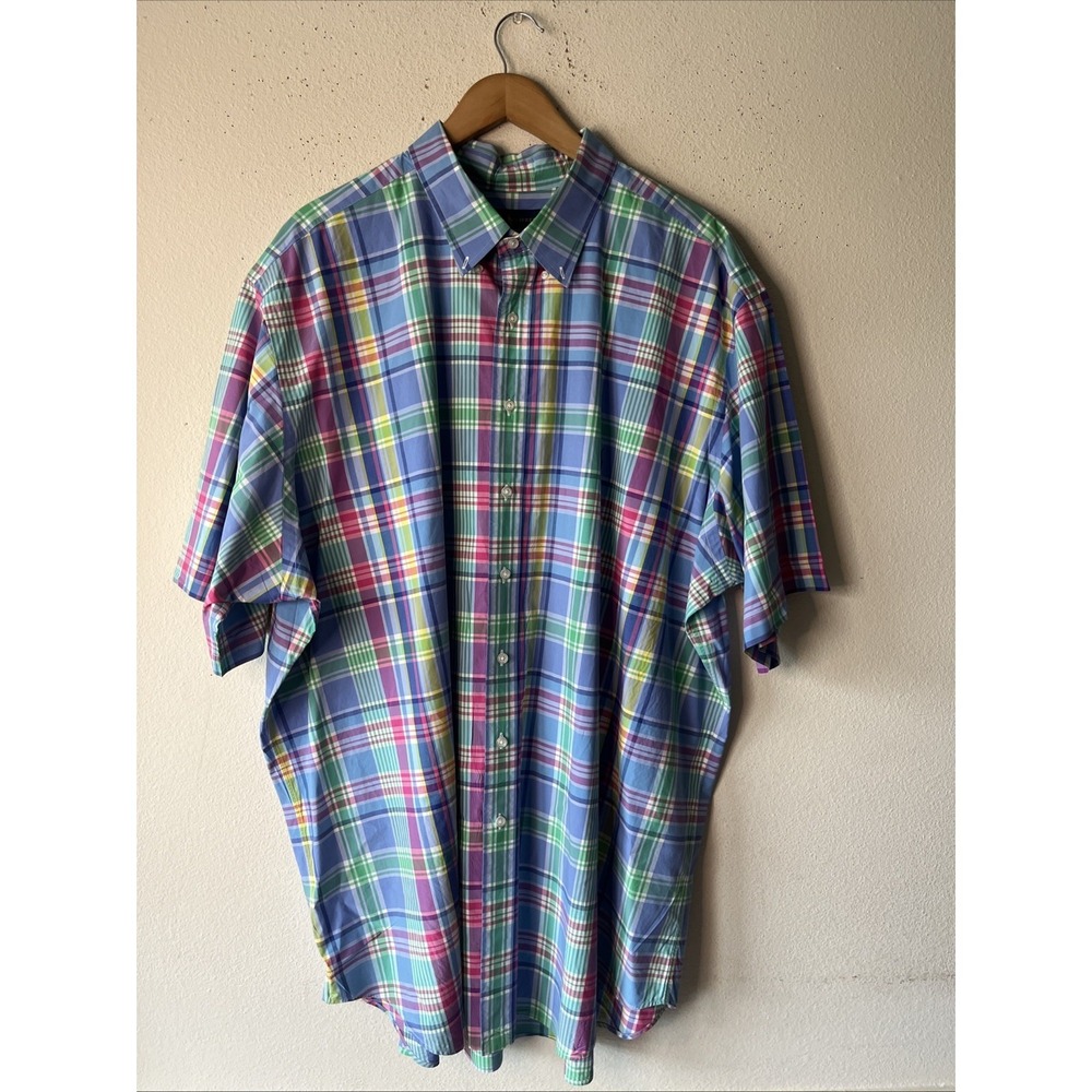 Ralph Lauren short sleeve button down oxford shirt 3XLT Men plaid blue Cotton